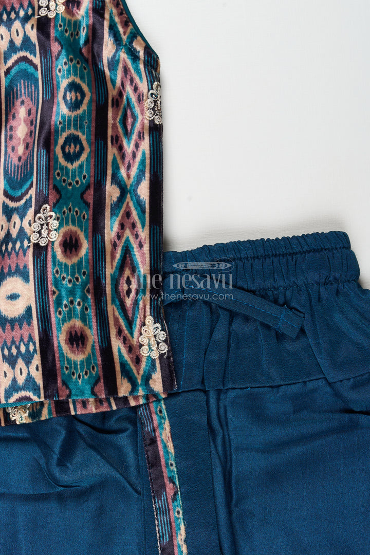 Boys teal ikat print sleeveless kurta and matching dhoti set