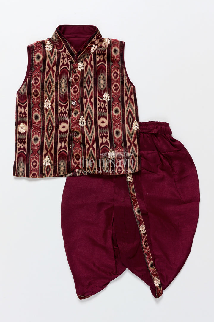 Boys dhoti set with embroidered velvet kurta for festive and family occasions