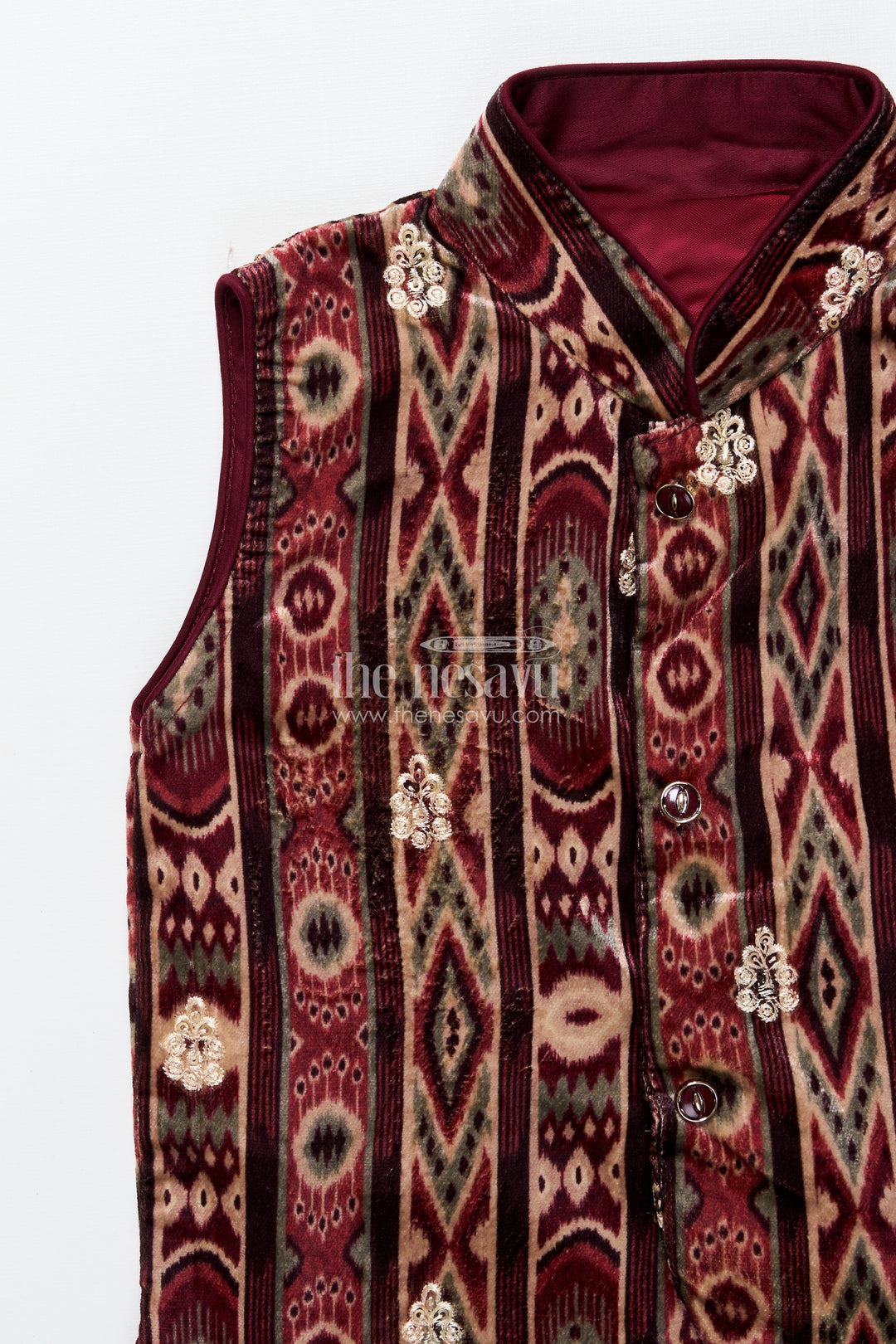 Boys dhoti set with embroidered velvet kurta for festive and family occasions