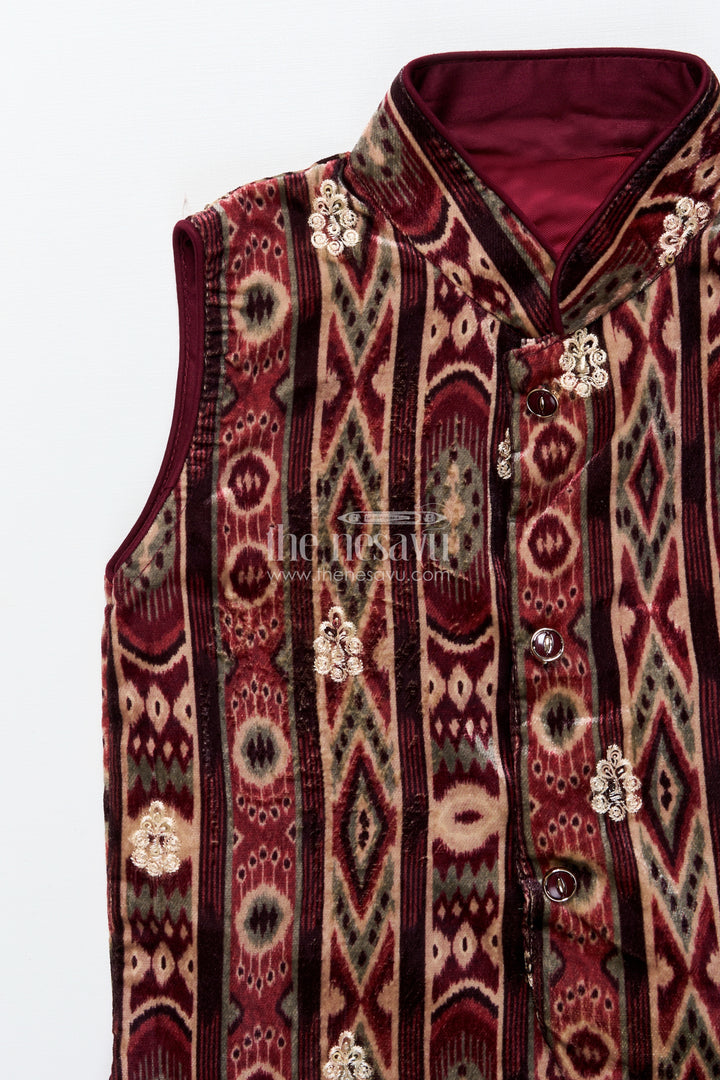 Boys dhoti set with embroidered velvet kurta for festive and family occasions