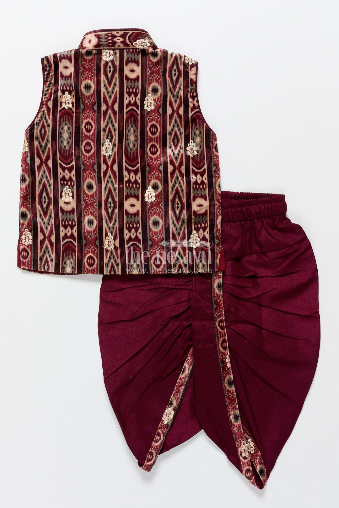 Boys dhoti set with embroidered velvet kurta for festive and family occasions
