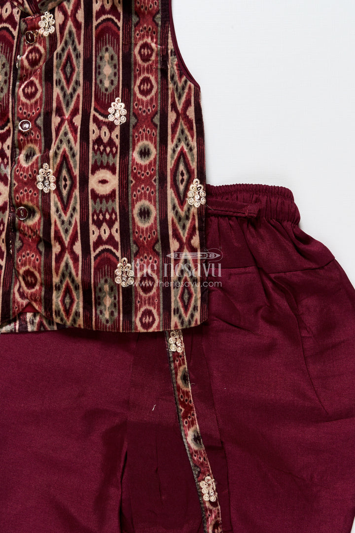 Boys dhoti set with embroidered velvet kurta for festive and family occasions