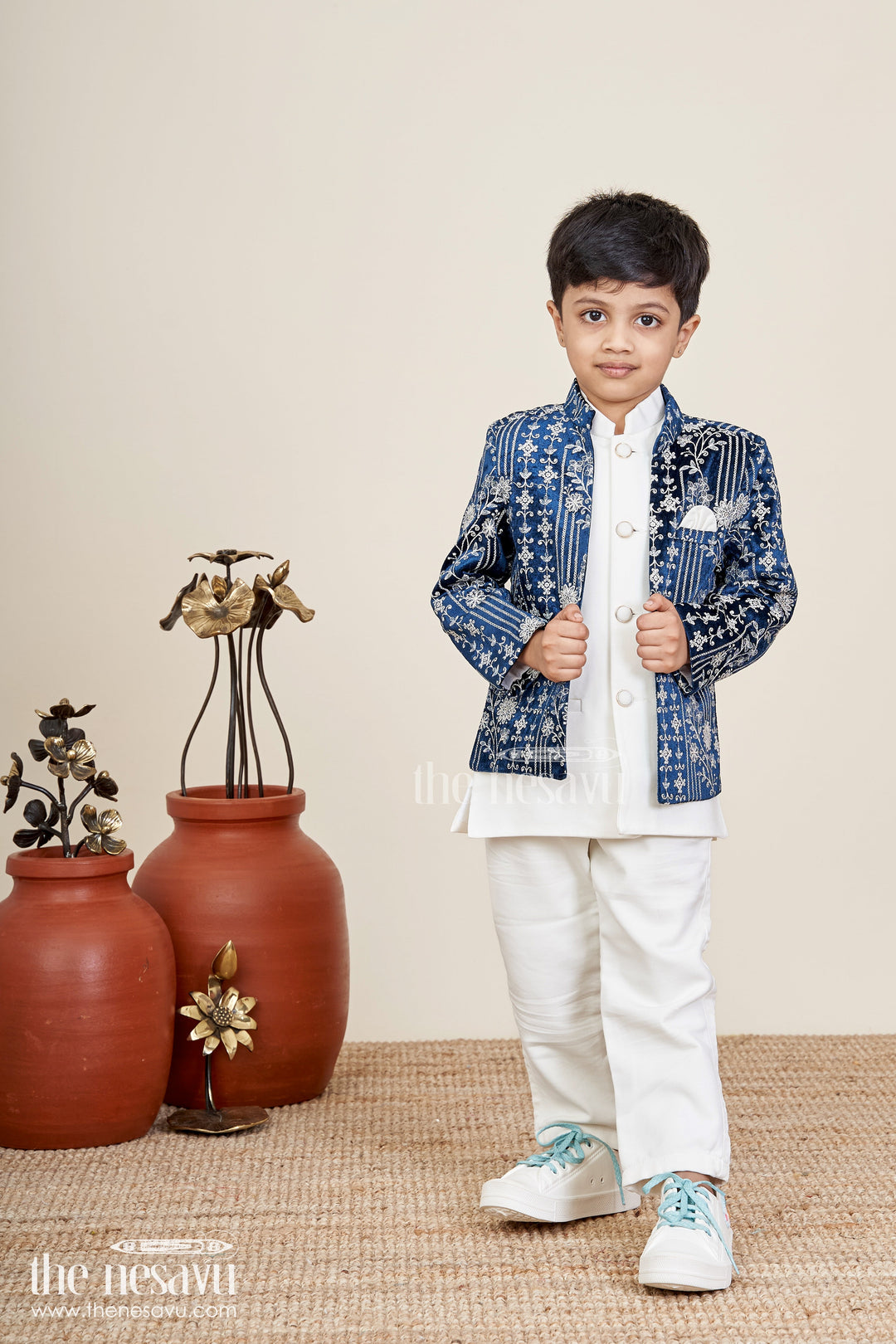 Boys navy jacket set with velvet floral embroidery and white kurta