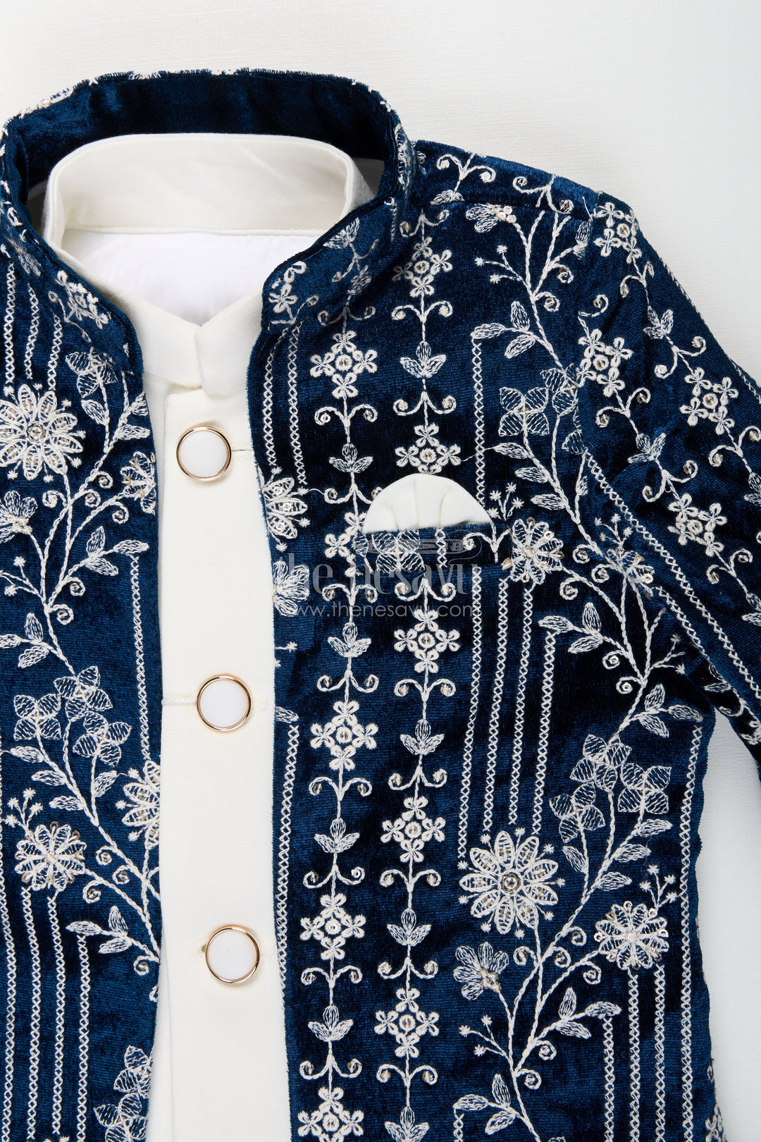 Boys navy jacket set with velvet floral embroidery and white kurta