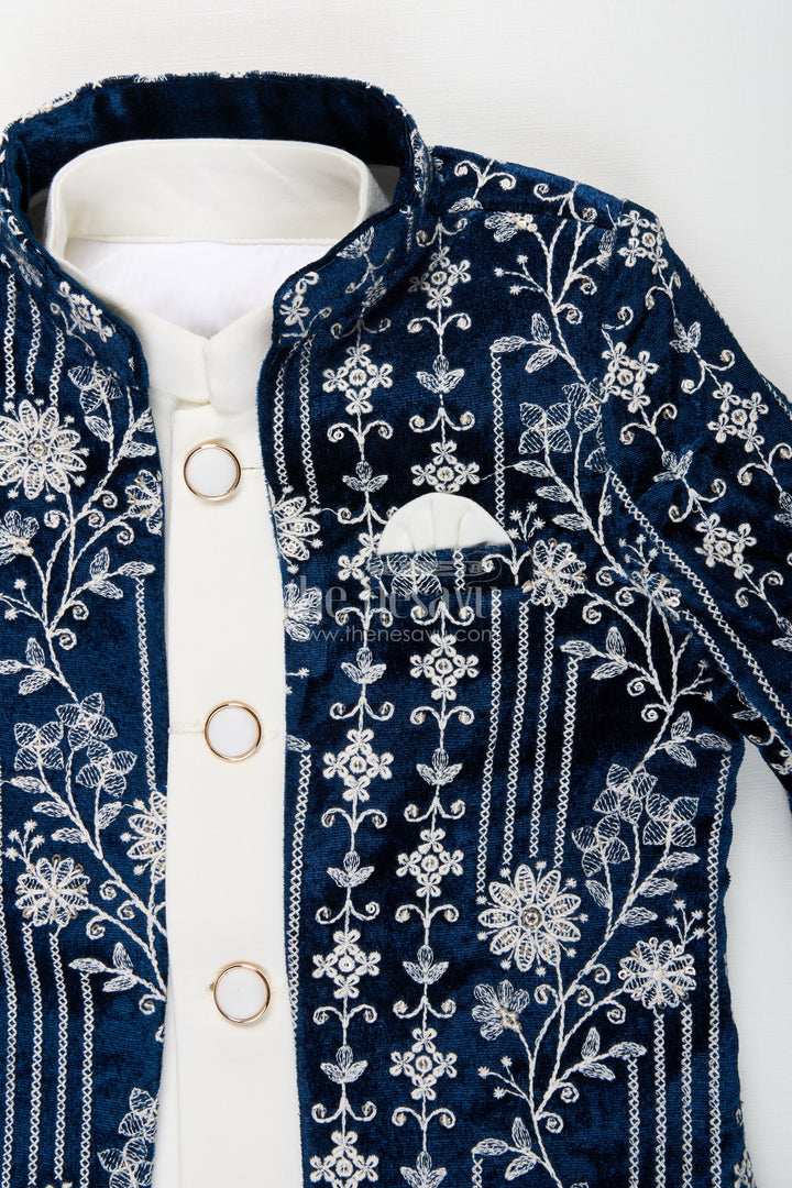 Boys navy jacket set with velvet floral embroidery and white kurta