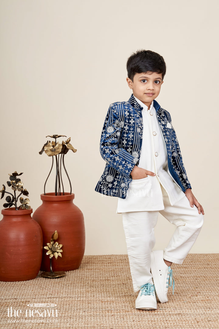 Boys navy jacket set with velvet floral embroidery and white kurta