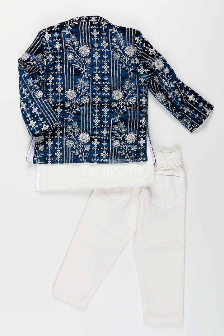 Boys navy jacket set with velvet floral embroidery and white kurta