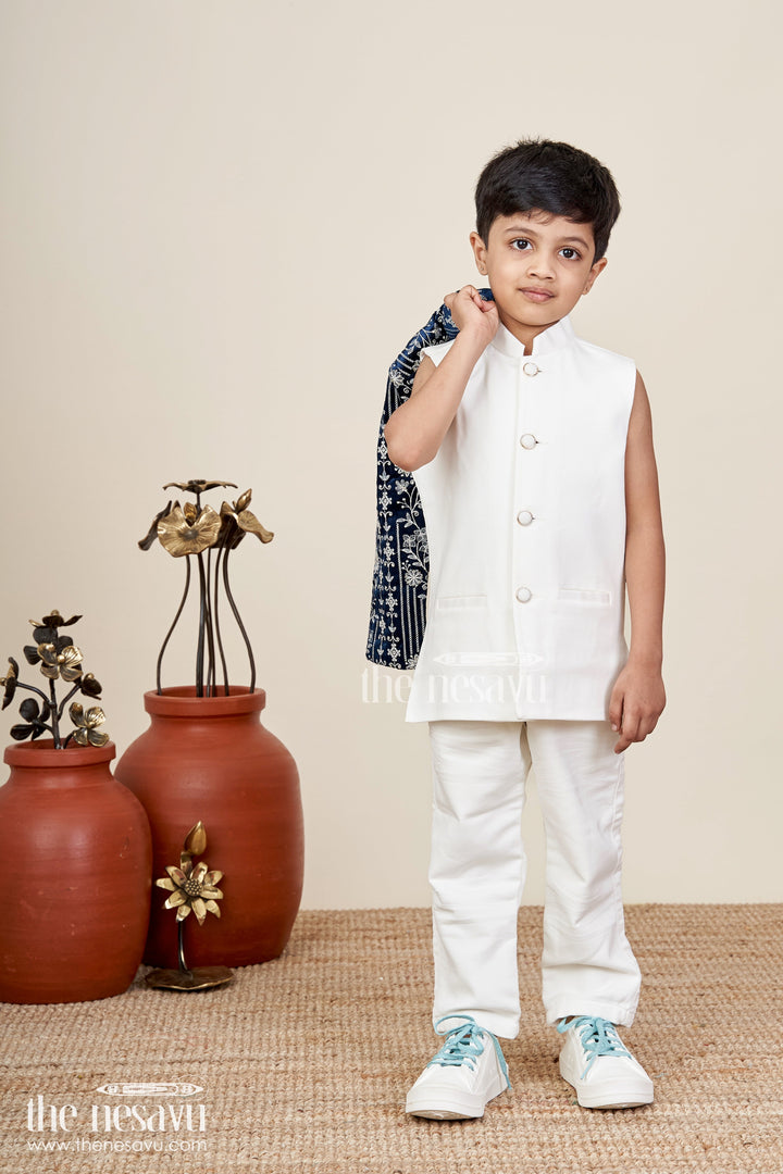 Boys navy jacket set with velvet floral embroidery and white kurta