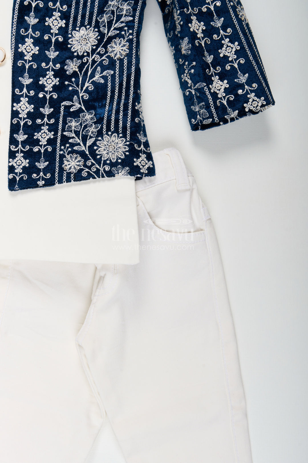Boys navy jacket set with velvet floral embroidery and white kurta