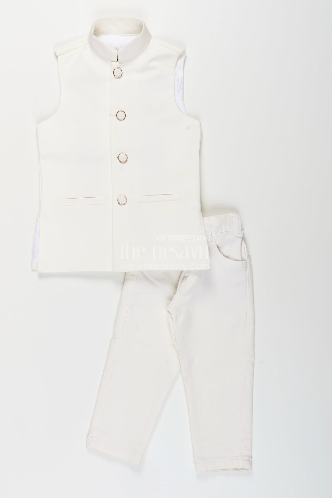 Boys navy jacket set with velvet floral embroidery and white kurta