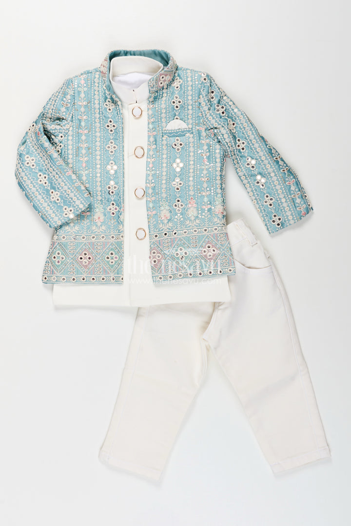 Boys green embroidered jacket set with white kurta pajama