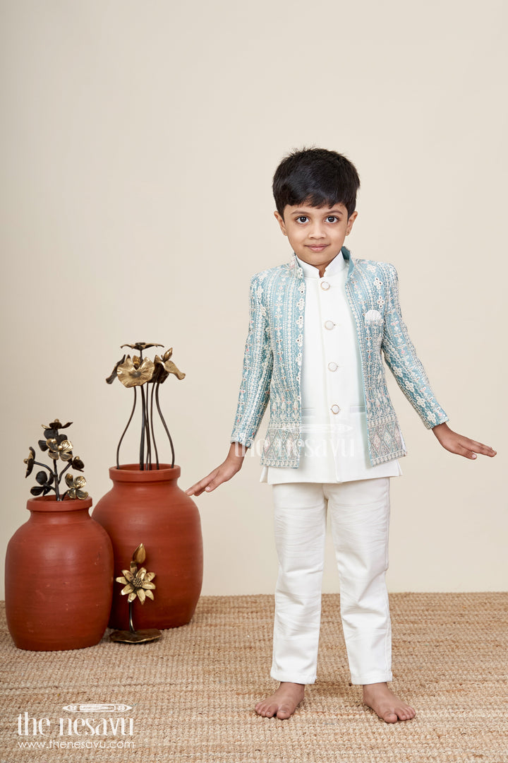 Boys green embroidered jacket set with white kurta pajama