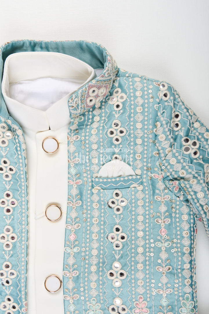 Boys green embroidered jacket set with white kurta pajama