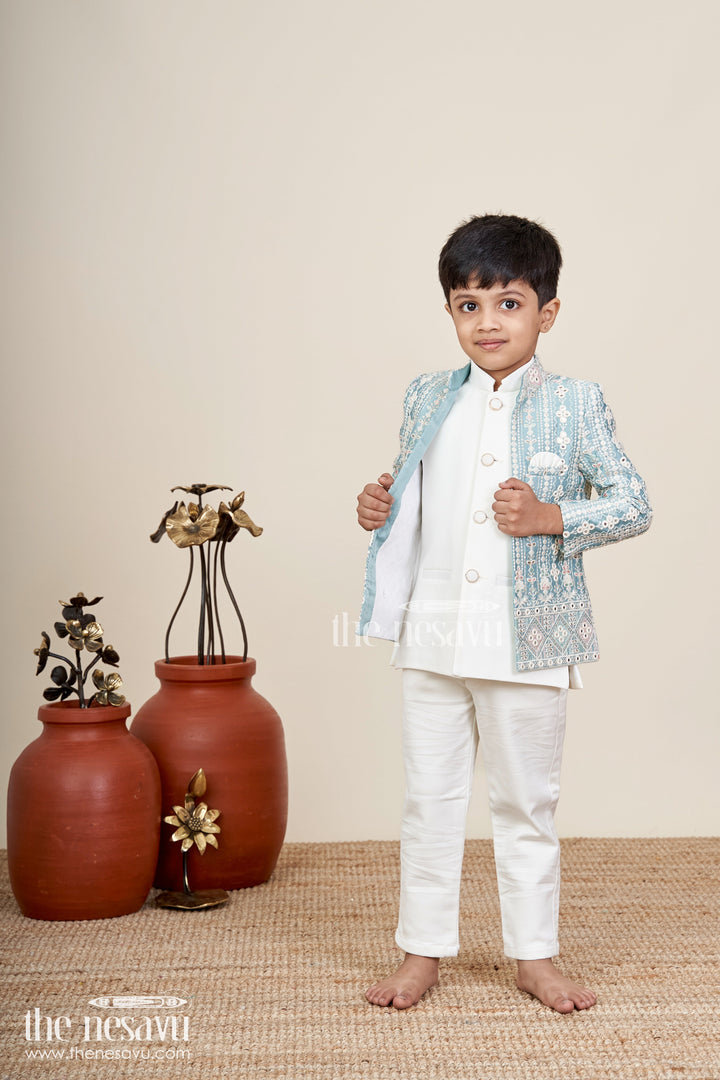 Boys green embroidered jacket set with white kurta pajama