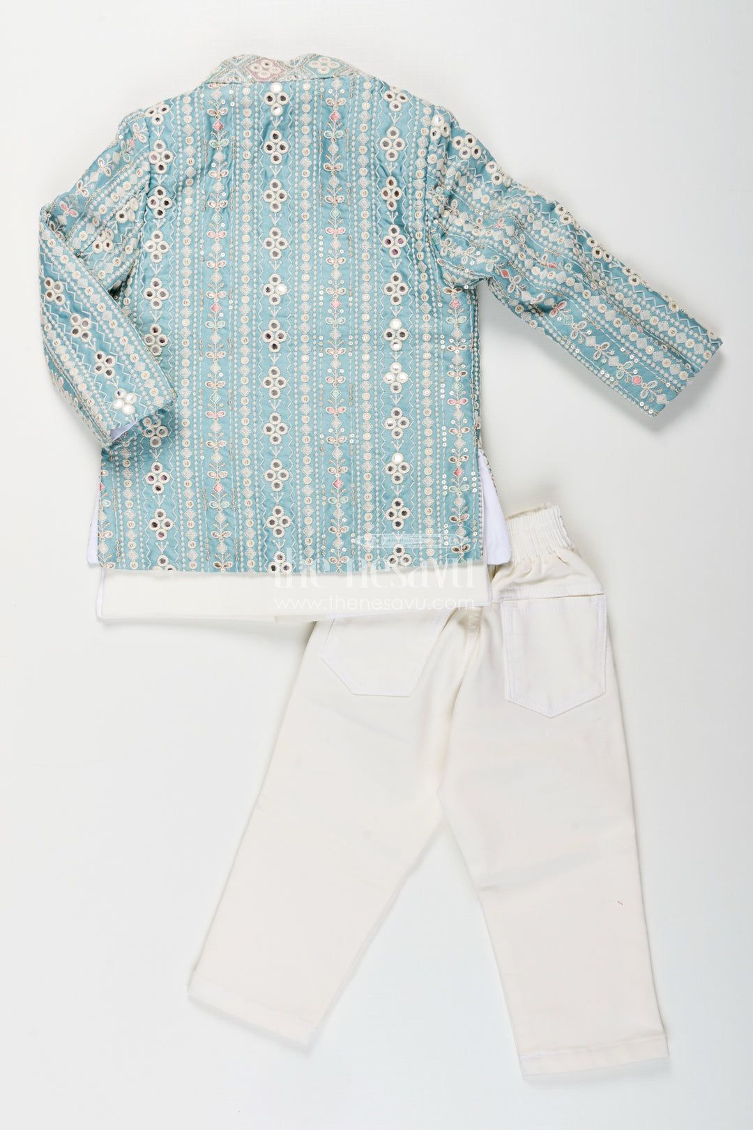 Boys green embroidered jacket set with white kurta pajama