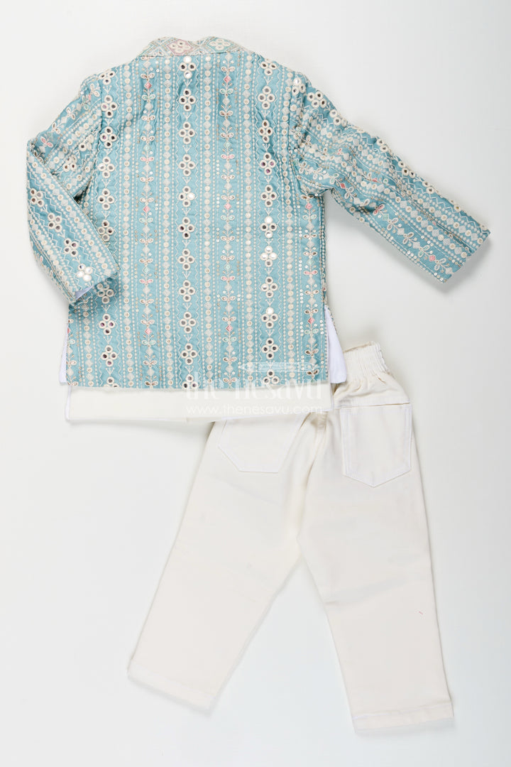 Boys green embroidered jacket set with white kurta pajama