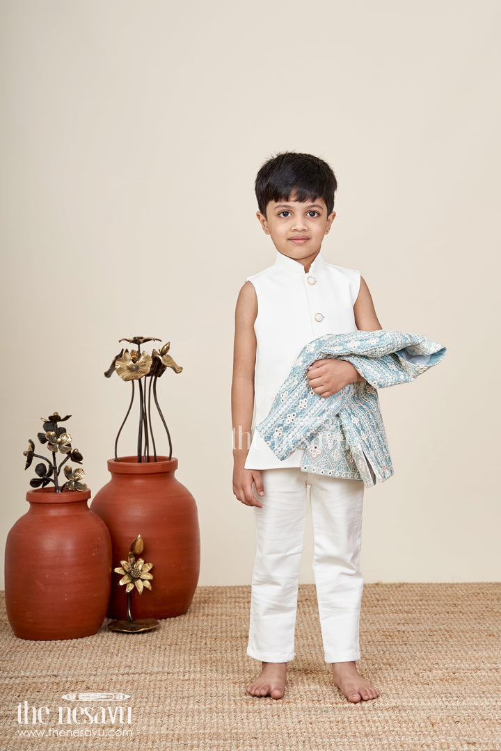 Boys green embroidered jacket set with white kurta pajama