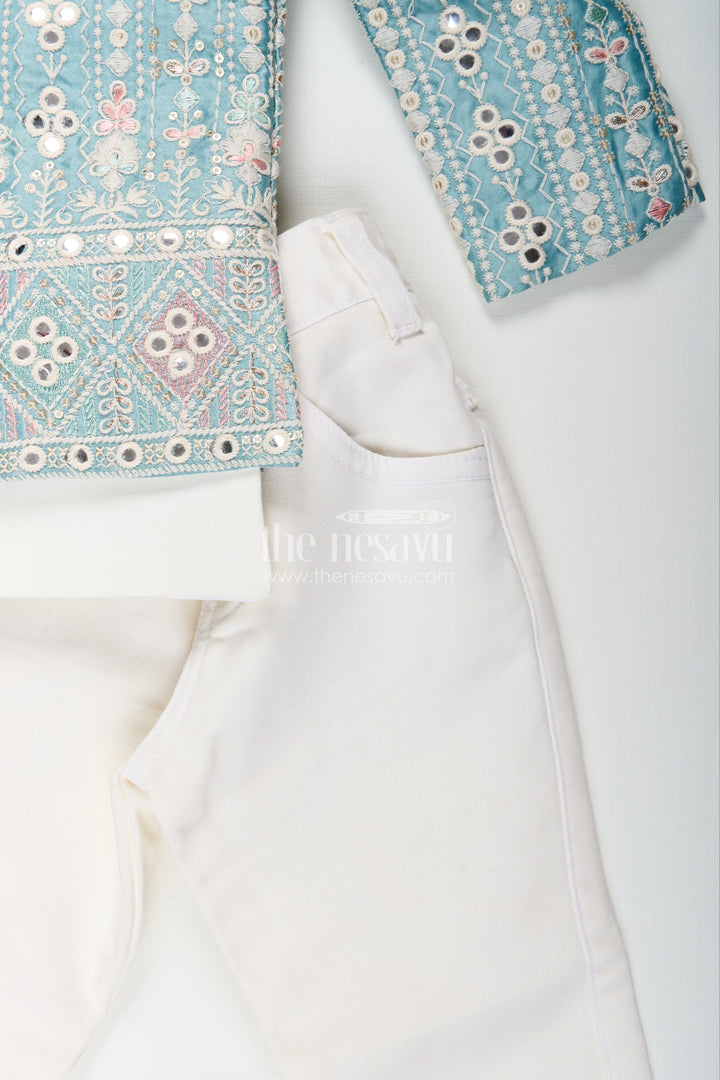 Boys green embroidered jacket set with white kurta pajama