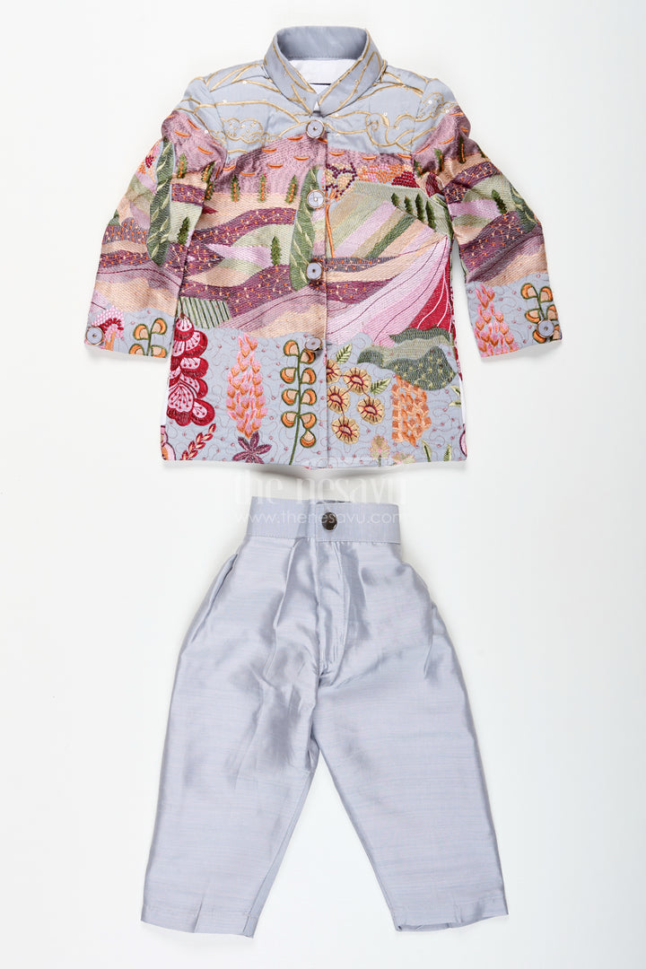 Silver silk boys jacket set with multicolor thread embroidery