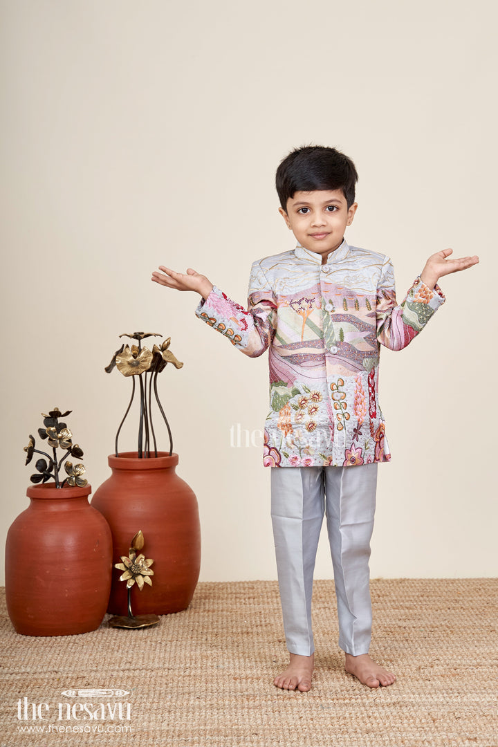 Silver silk boys jacket set with multicolor thread embroidery