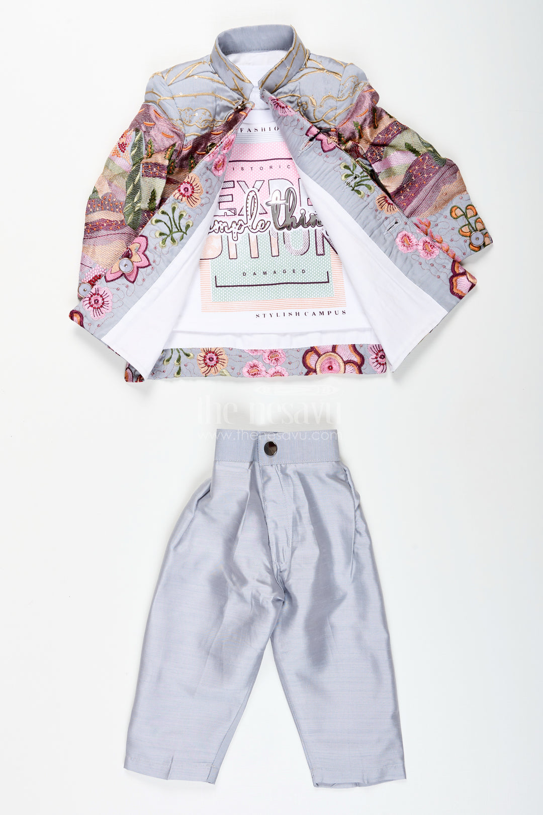 Silver silk boys jacket set with multicolor thread embroidery
