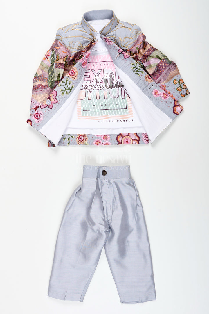 Silver silk boys jacket set with multicolor thread embroidery