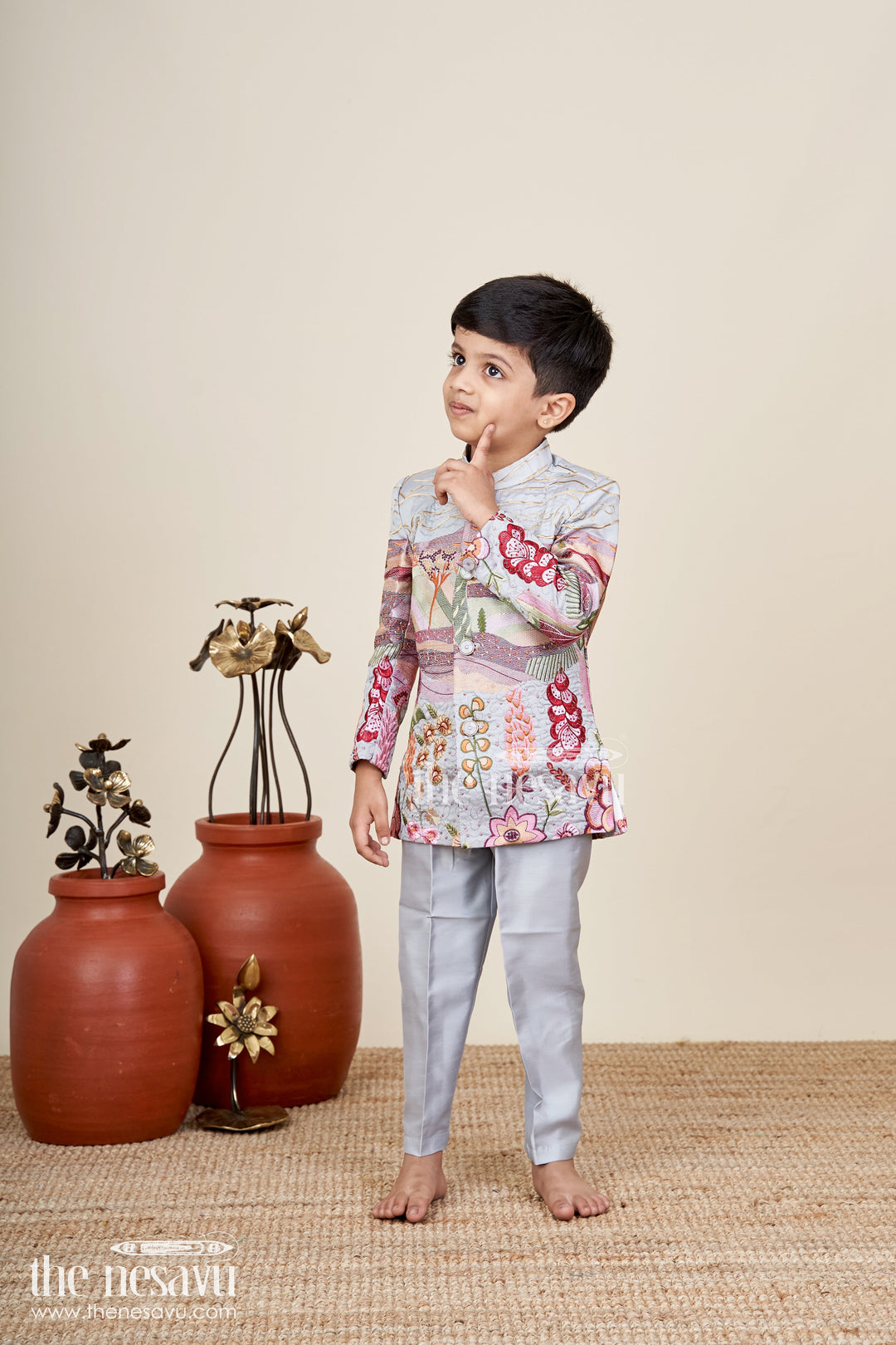 Silver silk boys jacket set with multicolor thread embroidery