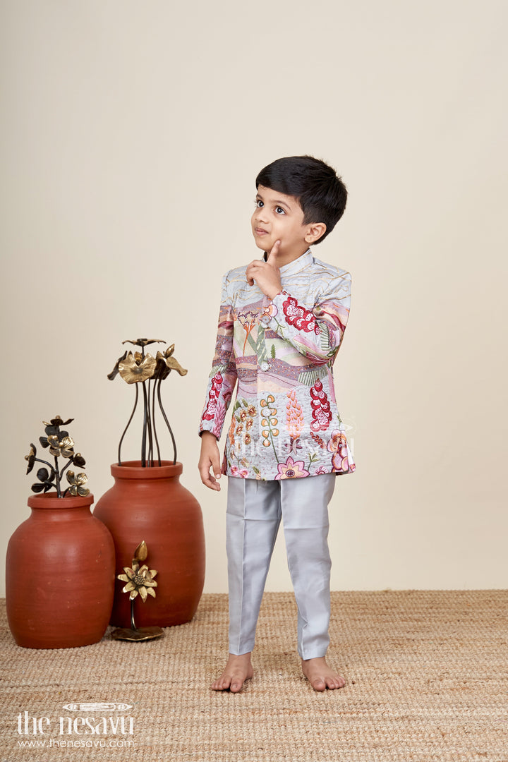 Silver silk boys jacket set with multicolor thread embroidery