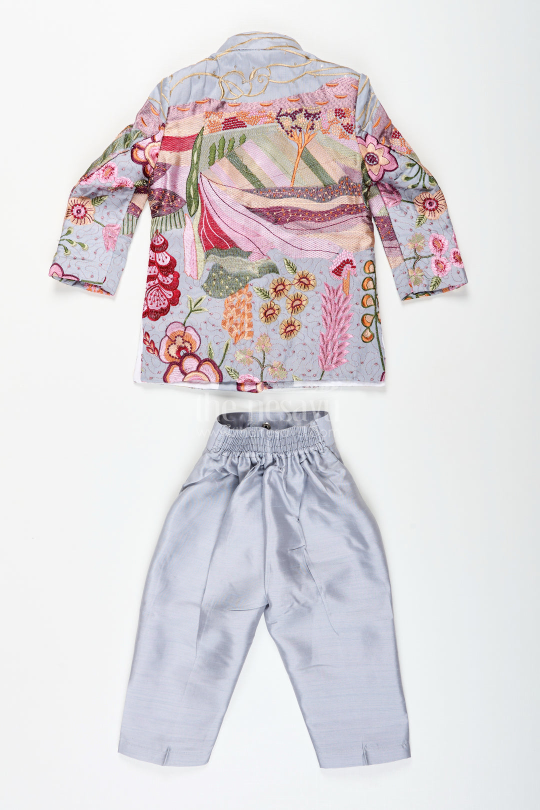 Silver silk boys jacket set with multicolor thread embroidery