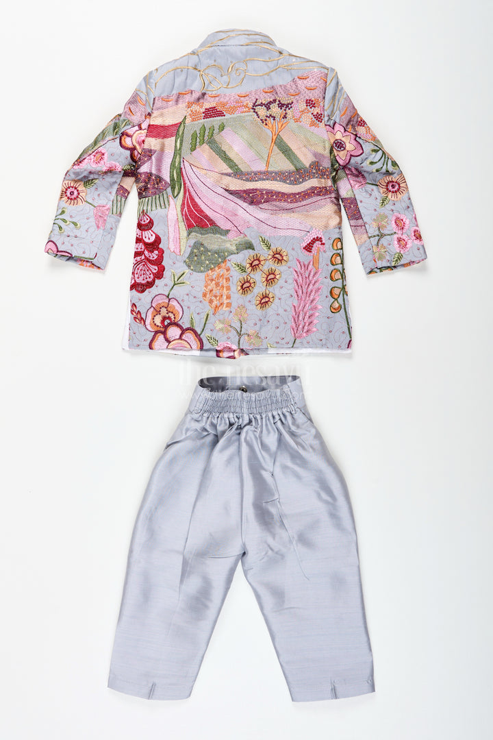 Silver silk boys jacket set with multicolor thread embroidery