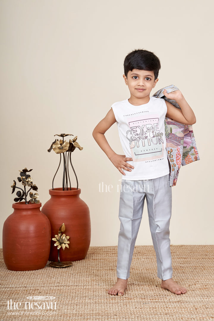 Silver silk boys jacket set with multicolor thread embroidery