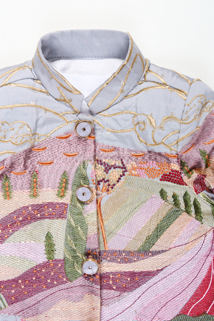 Silver silk boys jacket set with multicolor thread embroidery