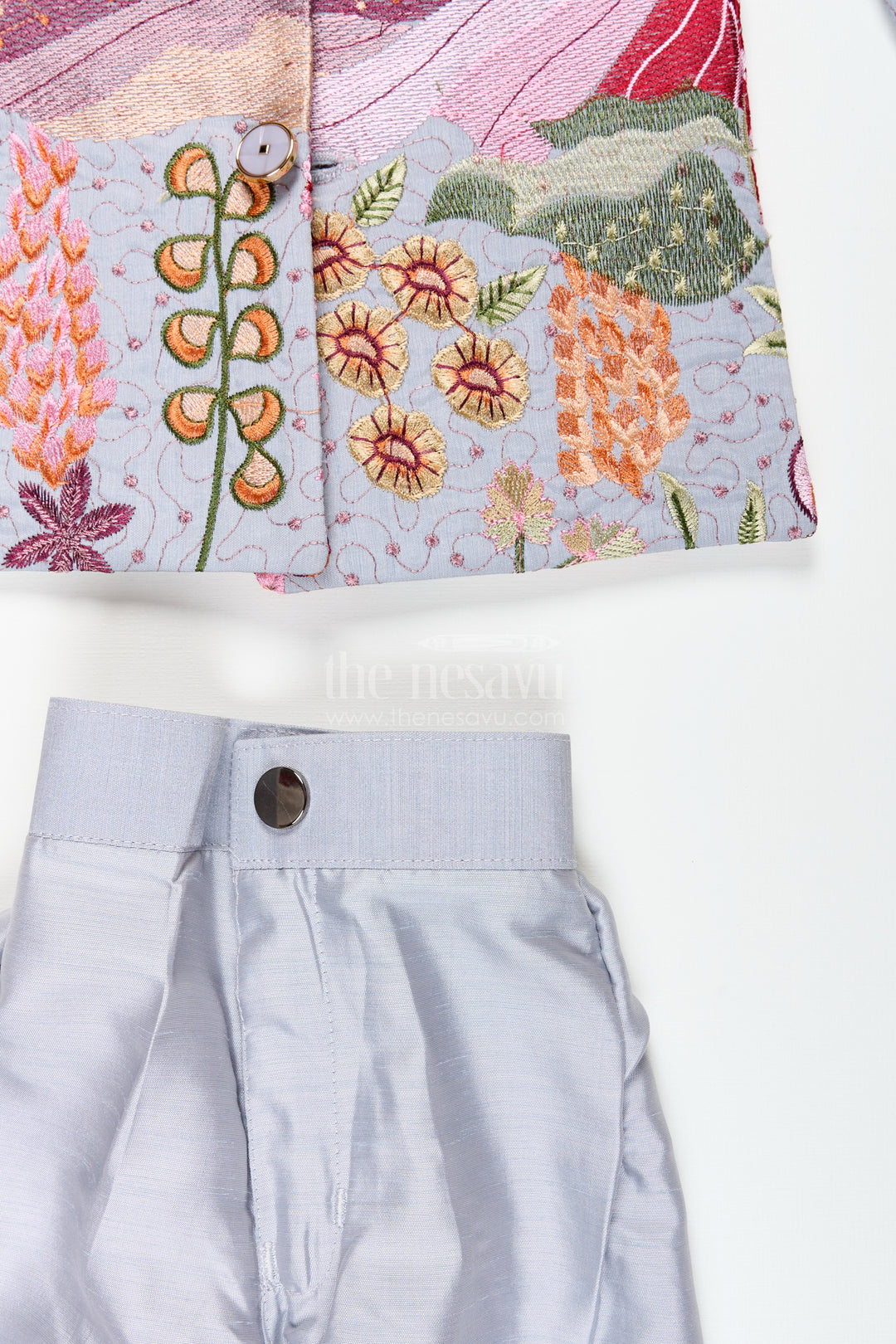 Silver silk boys jacket set with multicolor thread embroidery