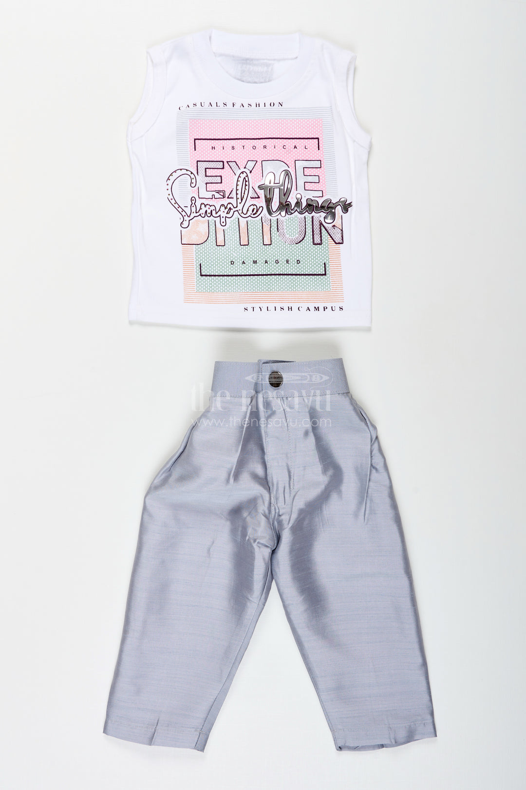 Silver silk boys jacket set with multicolor thread embroidery