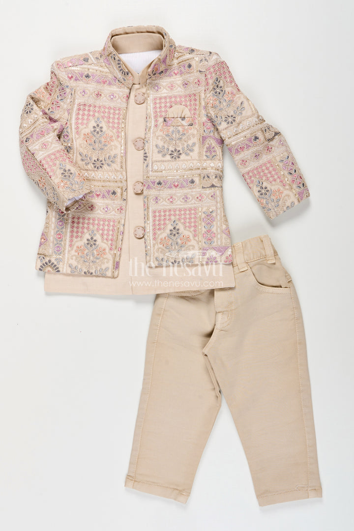 Beige sherwani set with multicolor mirror and thread embroidery