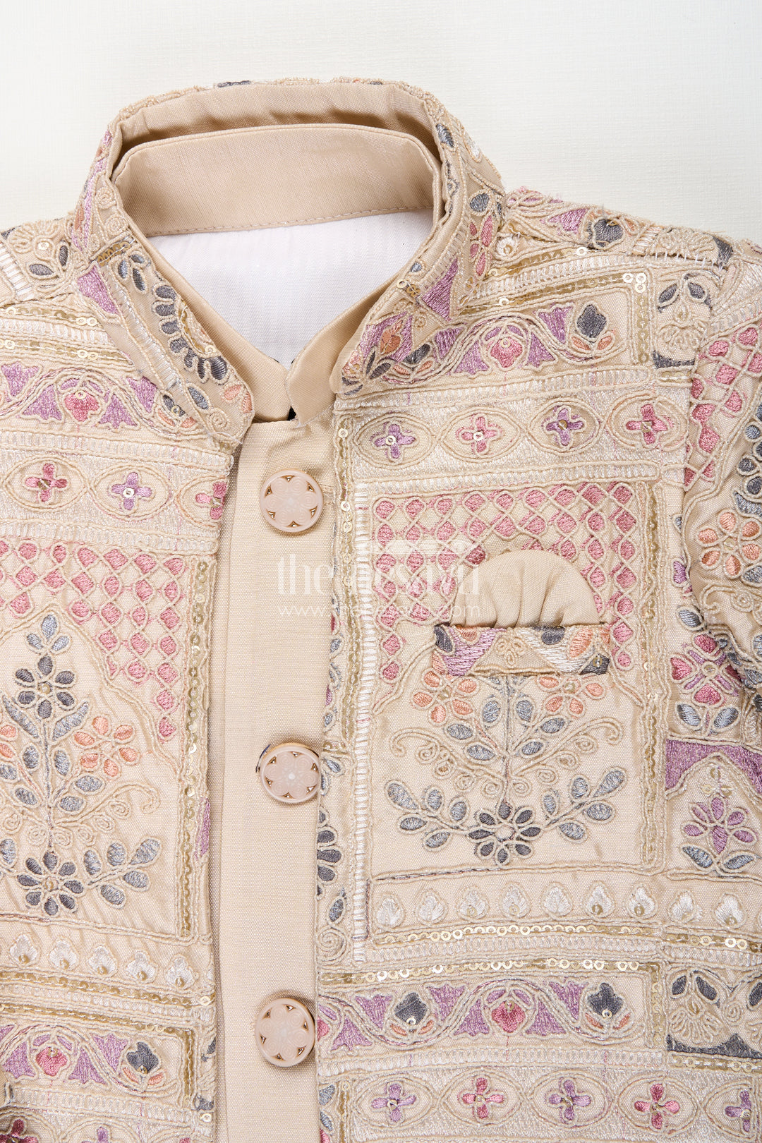 Beige sherwani set with multicolor mirror and thread embroidery