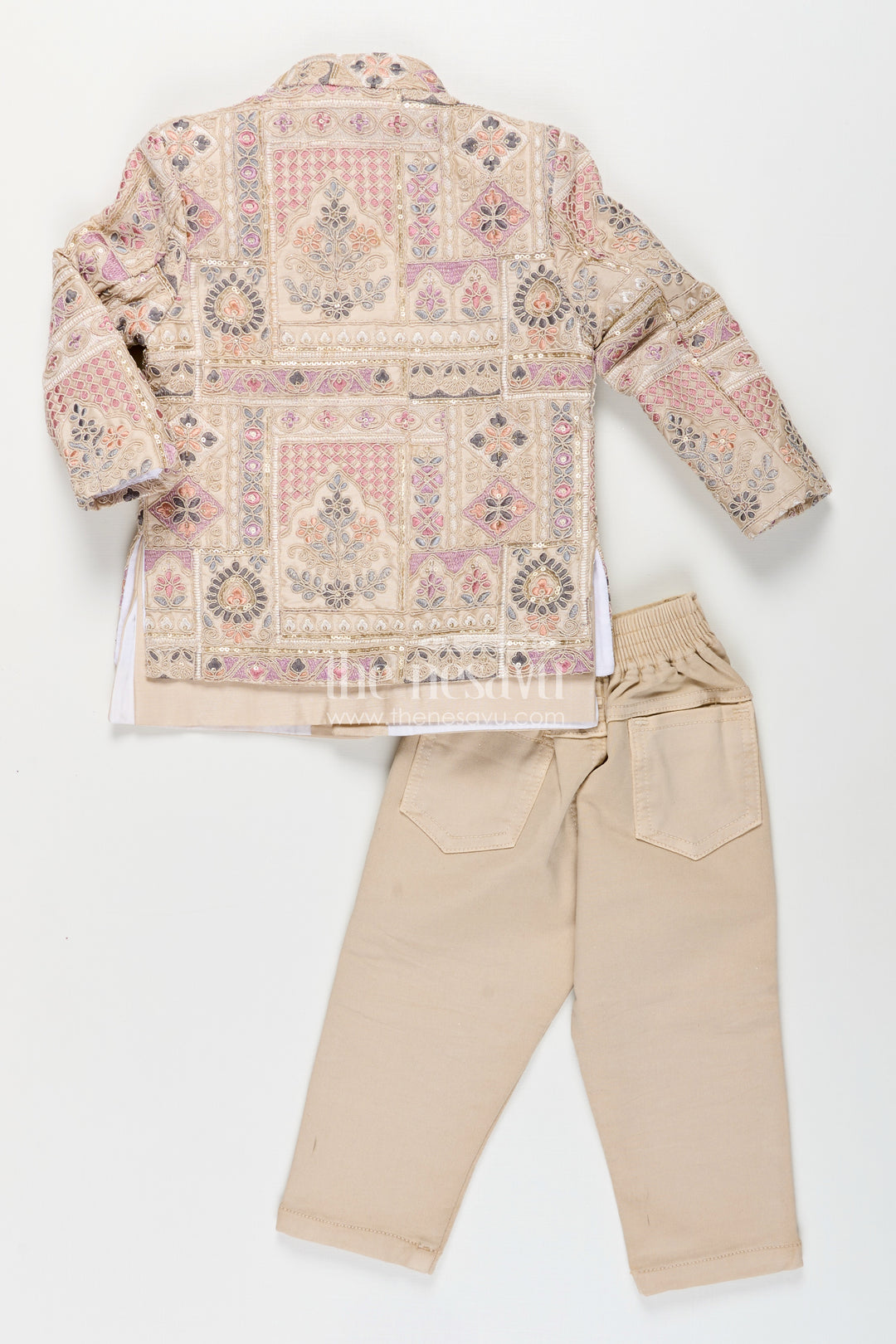 Beige sherwani set with multicolor mirror and thread embroidery