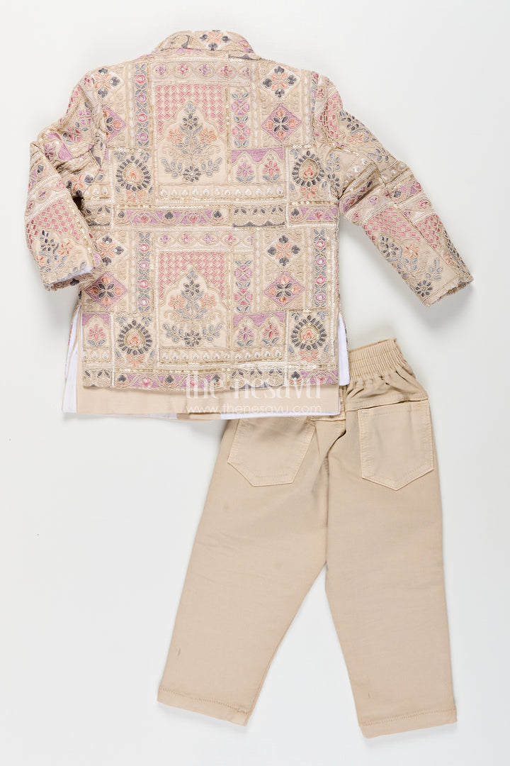 Beige sherwani set with multicolor mirror and thread embroidery