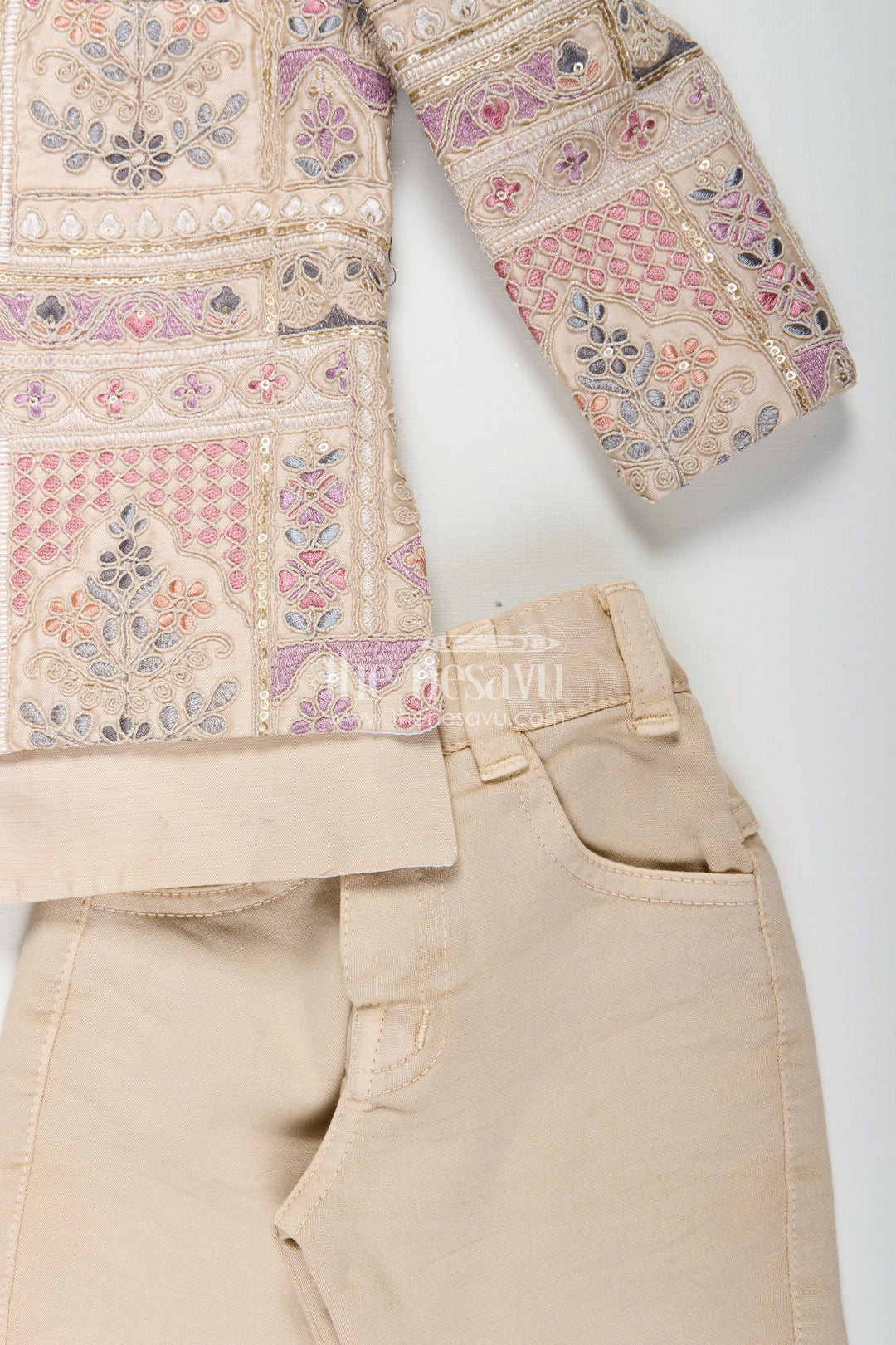 Beige sherwani set with multicolor mirror and thread embroidery