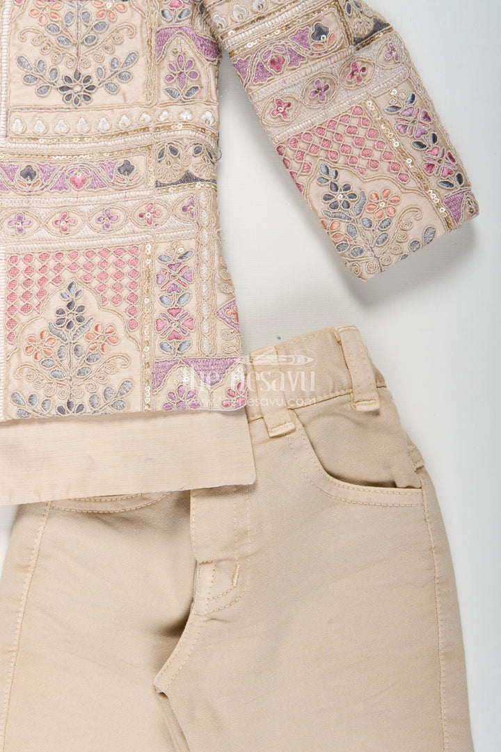 Beige sherwani set with multicolor mirror and thread embroidery