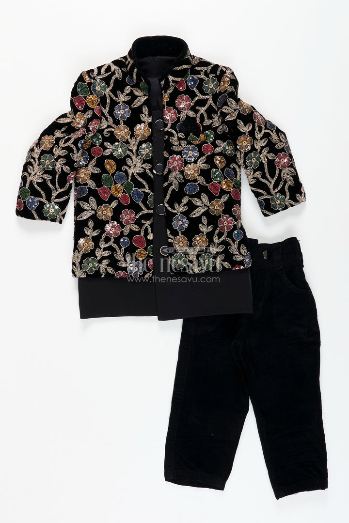 Black velvet floral embroidered boys sherwani with matching pants