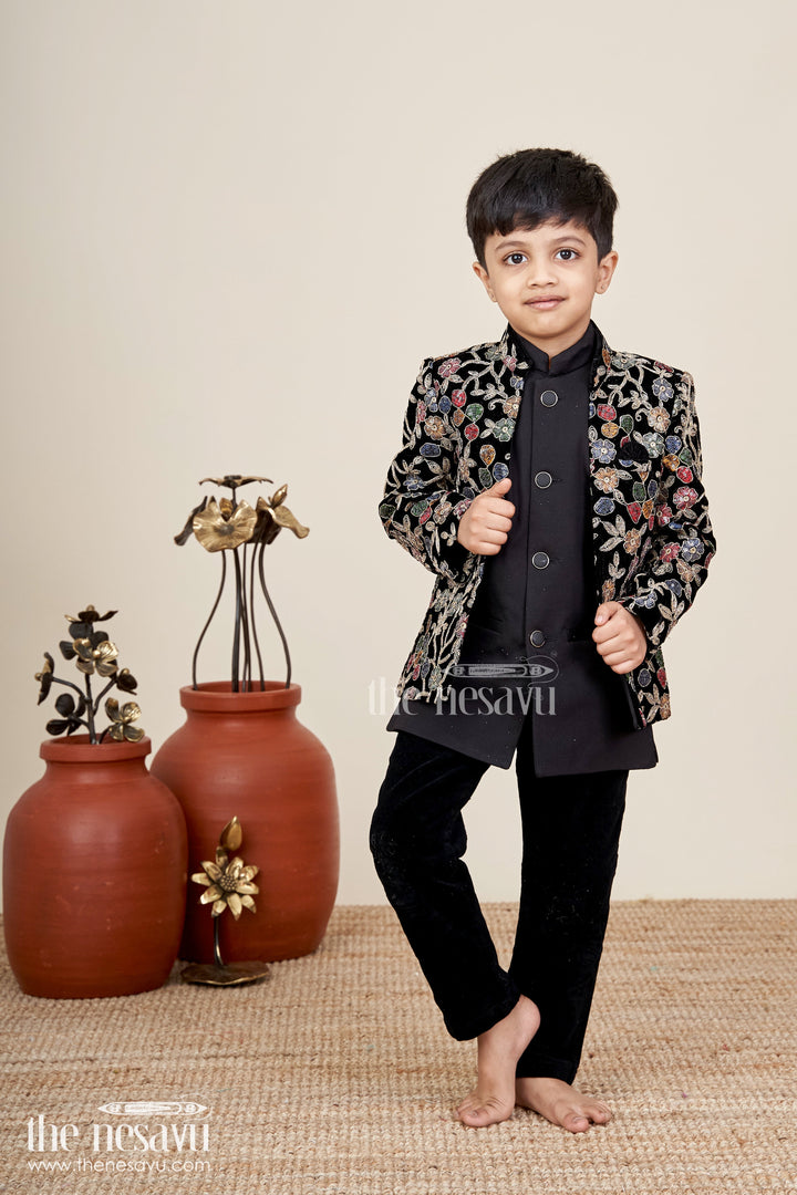 Black velvet floral embroidered boys sherwani with matching pants