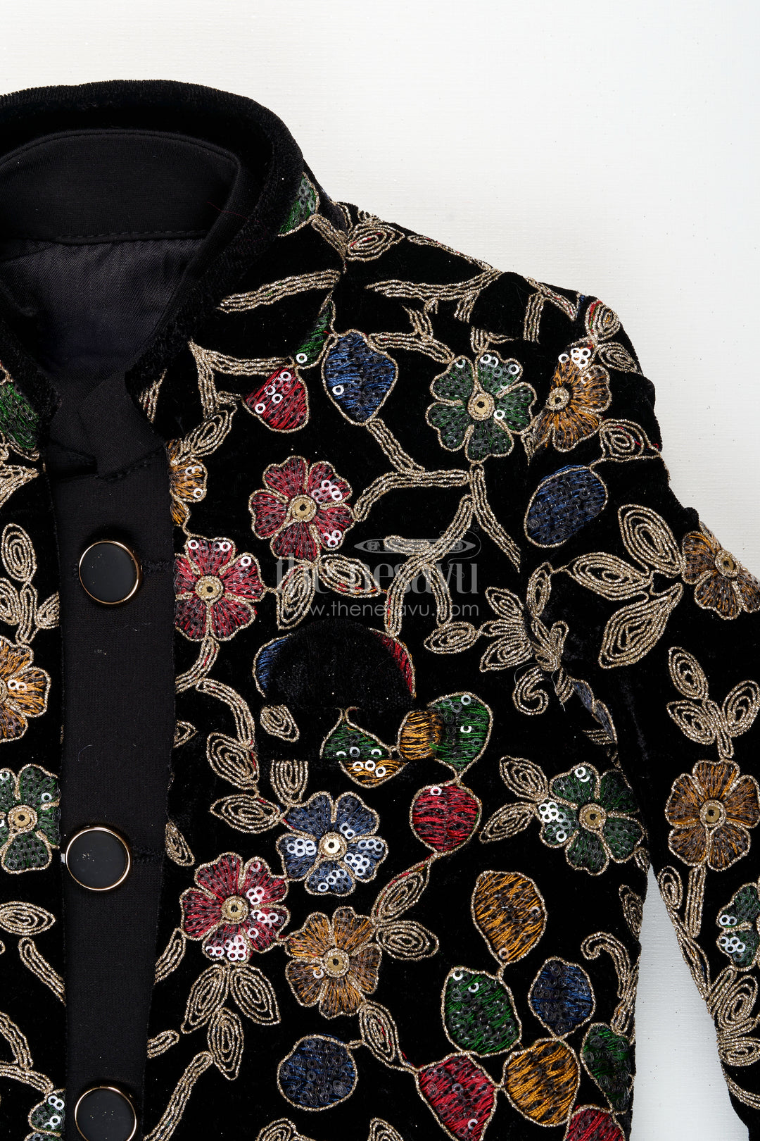 Black velvet floral embroidered boys sherwani with matching pants
