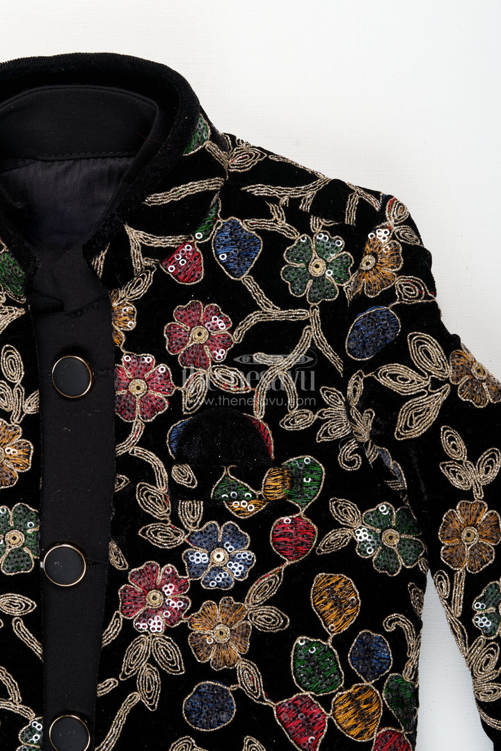 Black velvet floral embroidered boys sherwani with matching pants