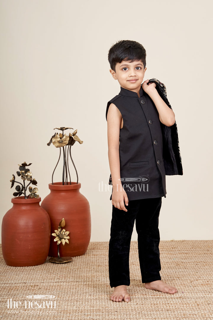 Black velvet floral embroidered boys sherwani with matching pants