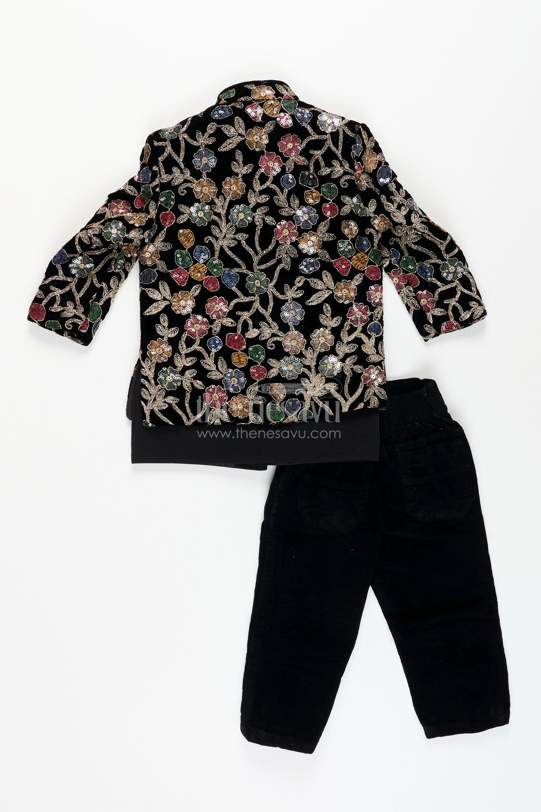 Black velvet floral embroidered boys sherwani with matching pants