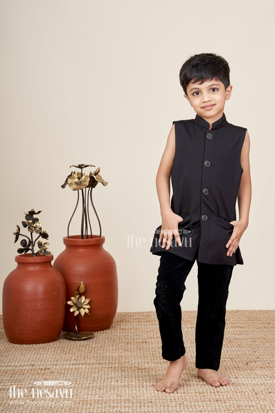 Black velvet floral embroidered boys sherwani with matching pants