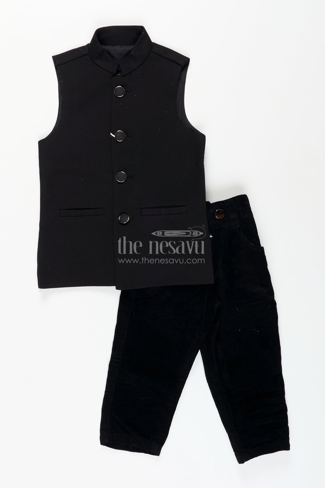 Black velvet floral embroidered boys sherwani with matching pants