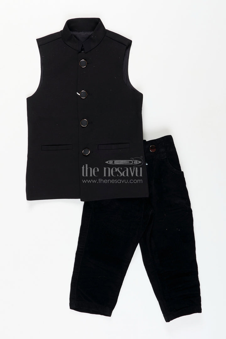 Black velvet floral embroidered boys sherwani with matching pants