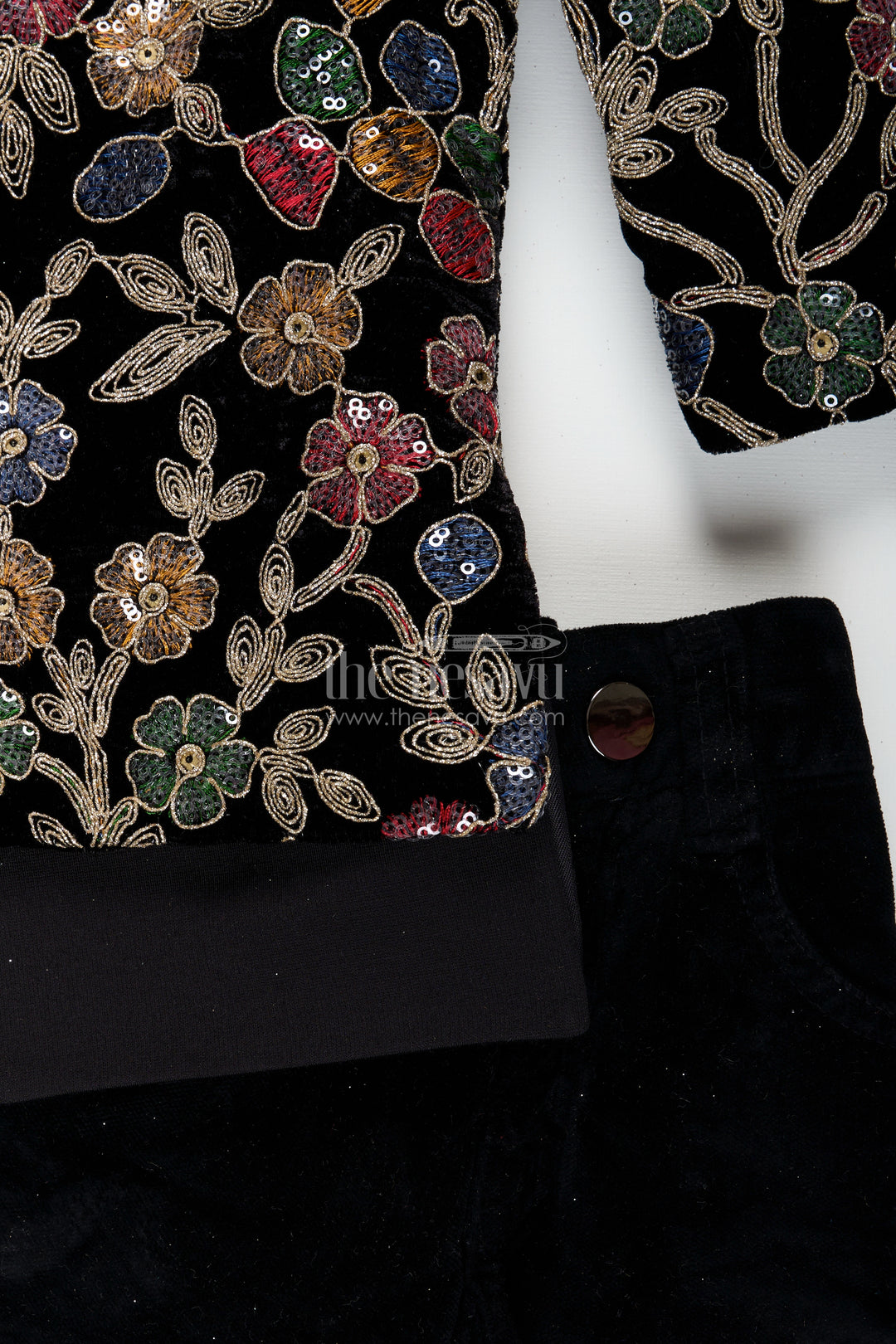 Black velvet floral embroidered boys sherwani with matching pants